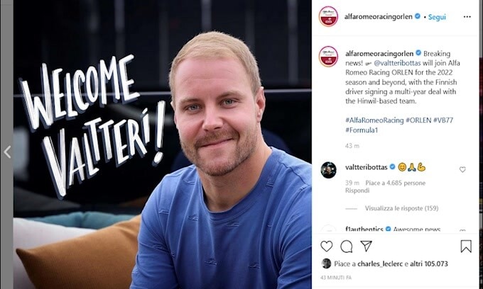 F1, Bottas correrà in Alfa Romeo nel 2022