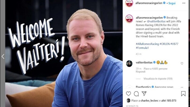 F1, Bottas correrà in Alfa Romeo nel 2022