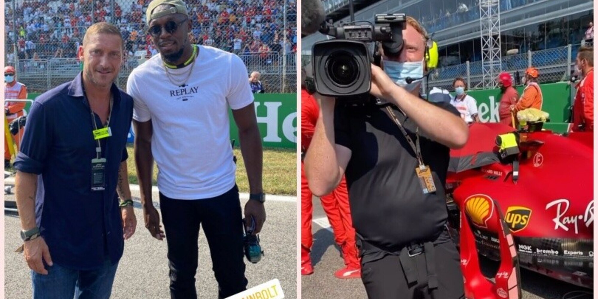 Totti a Monza per la Formula 1. Foto con Bolt, poi riprende un cameraman