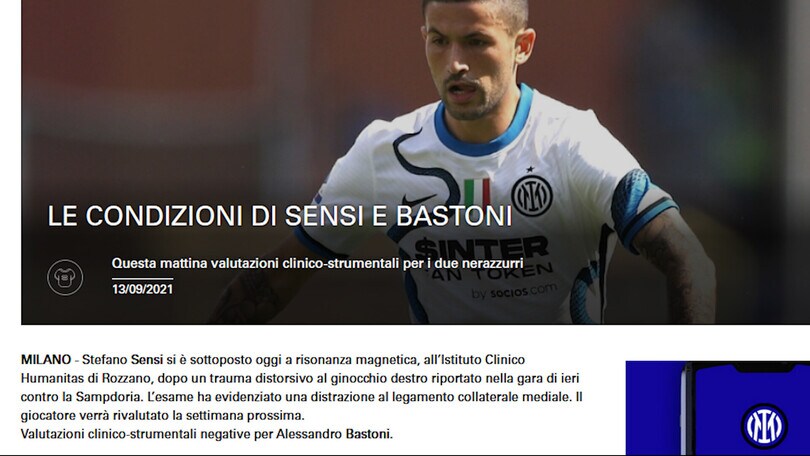 Inter, distrazione al legamento collaterale mediale per Sensi