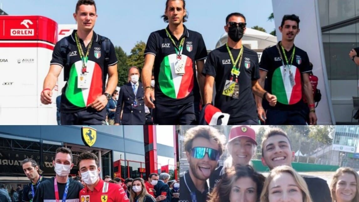 Che velocità a Monza: Tortu, Tamberi e tutti i campioni azzurri insieme ai piloti Ferrari e della F1