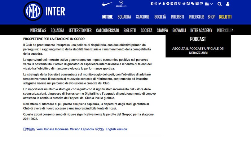 L'Inter approva il bilancio: rosso da oltre 245 milioni