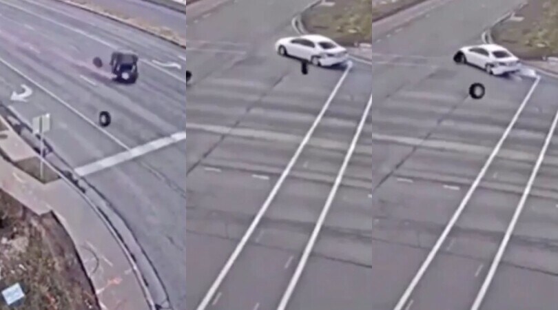 Automobilista sfortunatissimo: viene tamponato da ben 2 ruote vaganti!