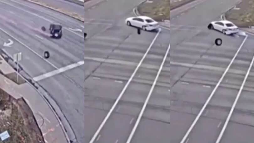 Automobilista sfortunatissimo: viene tamponato da ben 2 ruote vaganti!