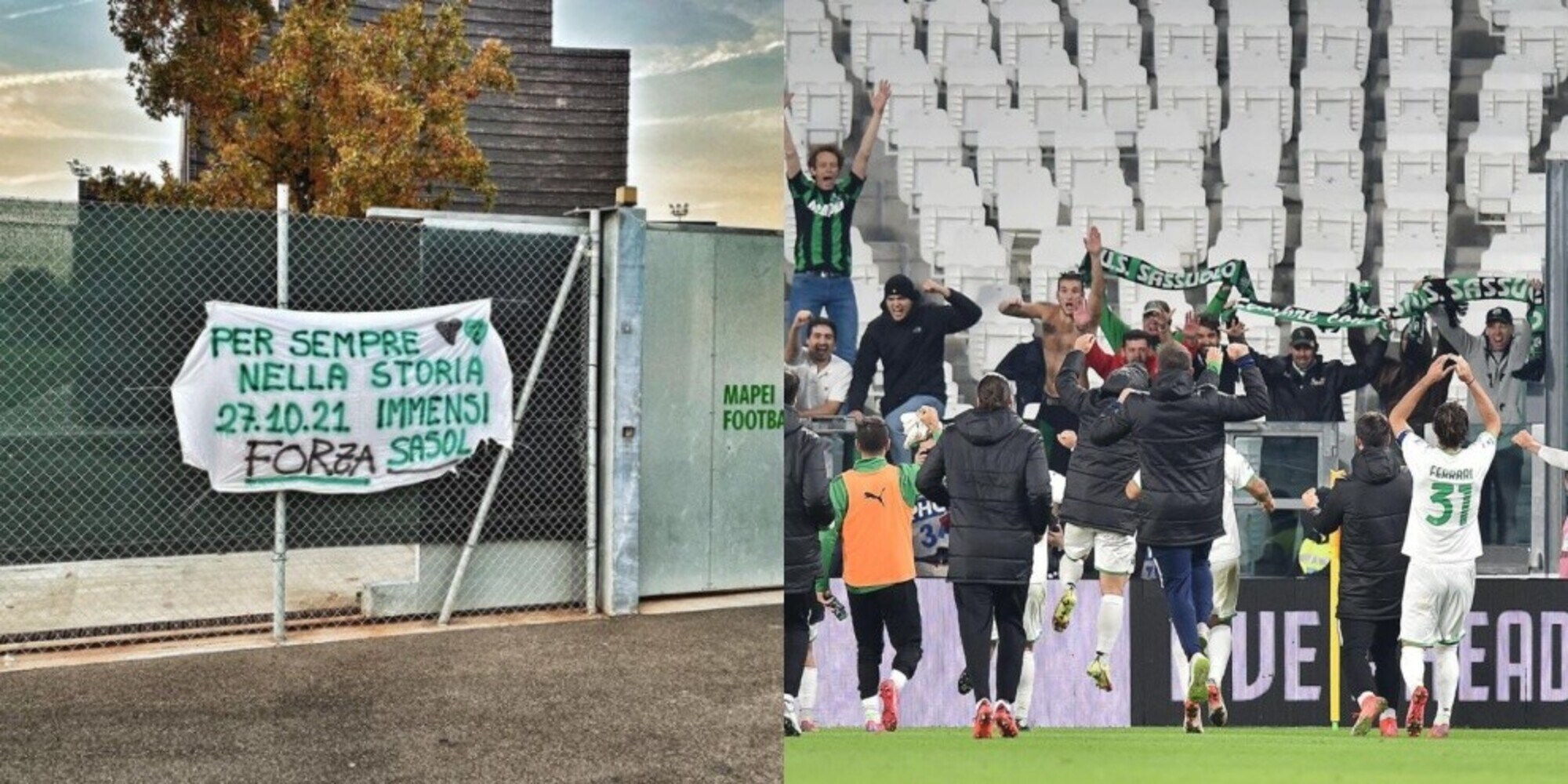 Sassuolo, il 2-1 alla Juve è storico: arriva lo striscione dei tifosi