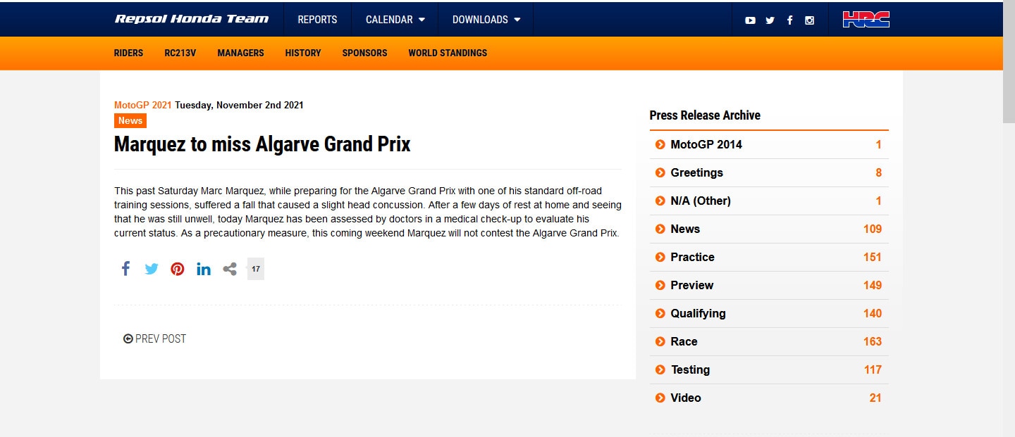 MotoGp, incidente per Marquez: niente Gp dell'Algarve