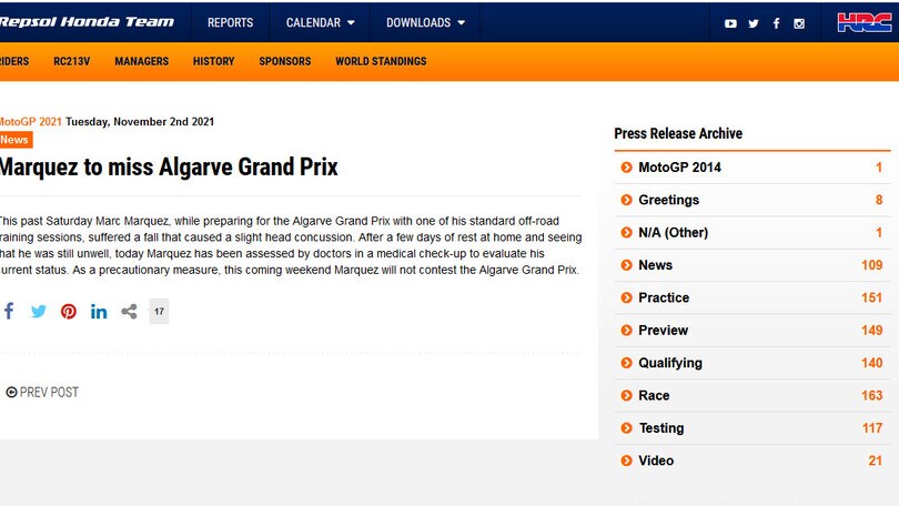 MotoGp, incidente per Marquez: niente Gp dell'Algarve