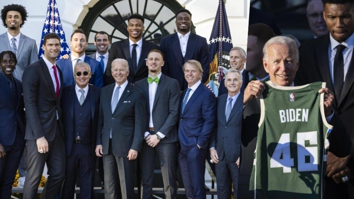 Biden accoglie i Milwaukee Bucks: per lui maglia numero 46