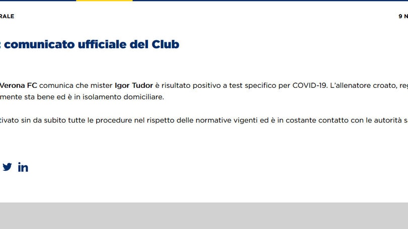 Verona, Tudor positivo al Covid-19