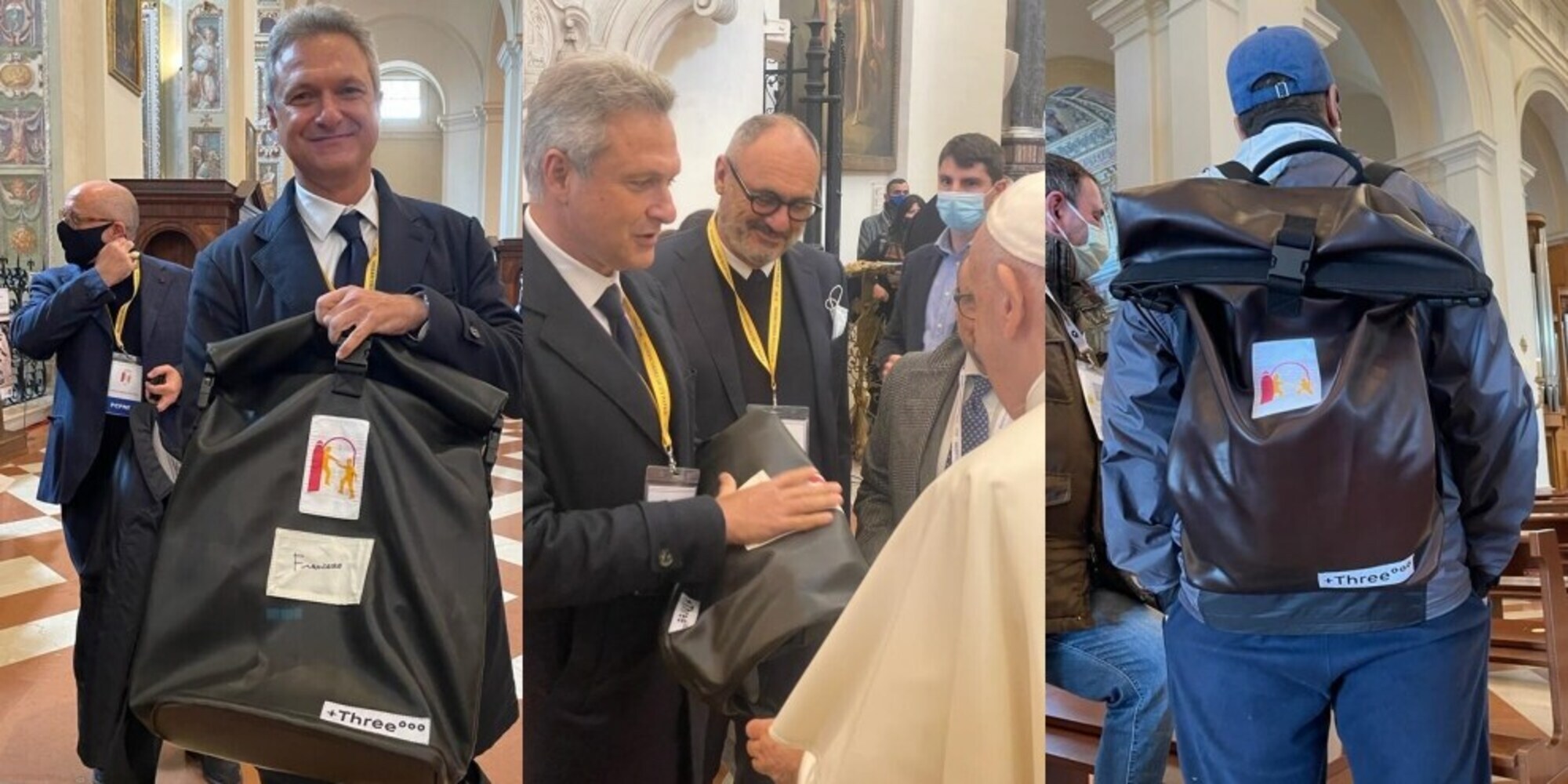 Giornata Mondiale dei Poveri, +Three regala 500 zaini e il Papa ne autografa due