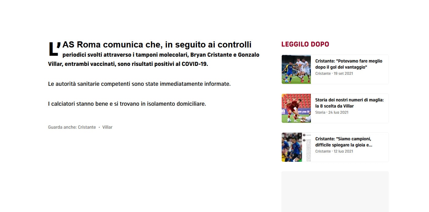 Roma, Cristante e Villar positivi al Covid