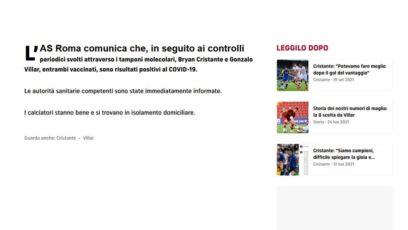 Roma, Cristante e Villar positivi al Covid