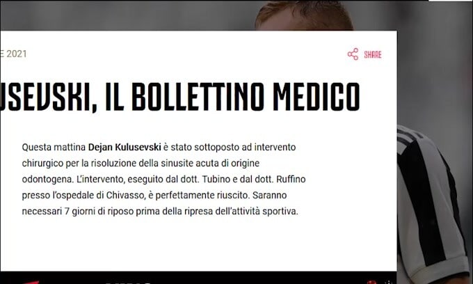 Juve, Kulusevski operato per sinusite: a riposo per 7 giorni