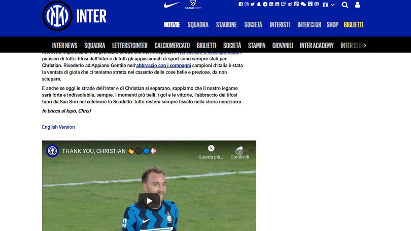 Inter-Eriksen, ufficiale l'addio