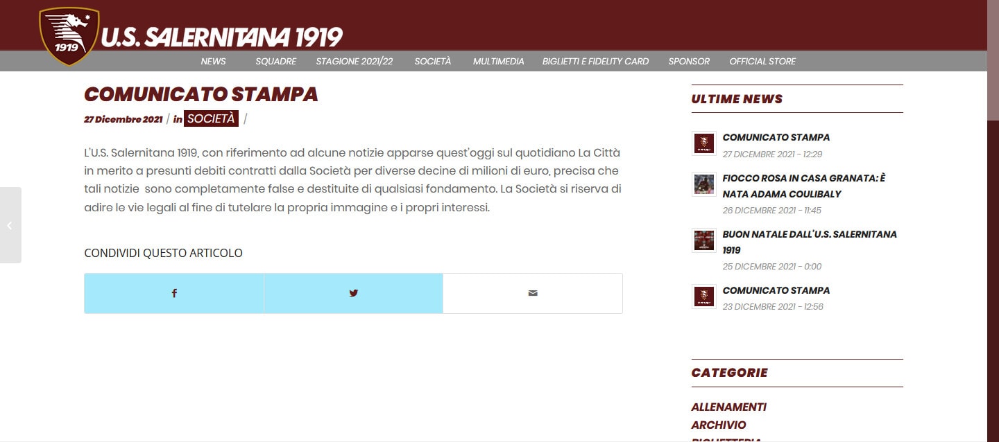 Furia Salernitana: "Nessun debito"