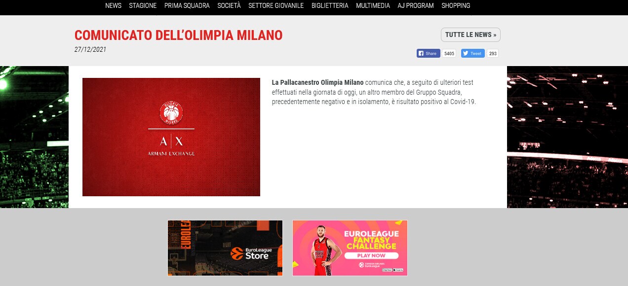 Basket, Olimpia Milano: nuovo caso covid nel gruppo squadra