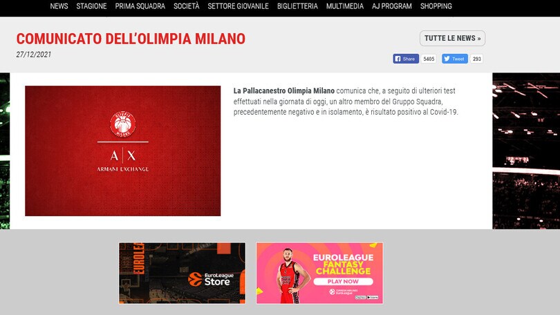 Basket, Olimpia Milano: nuovo caso covid nel gruppo squadra