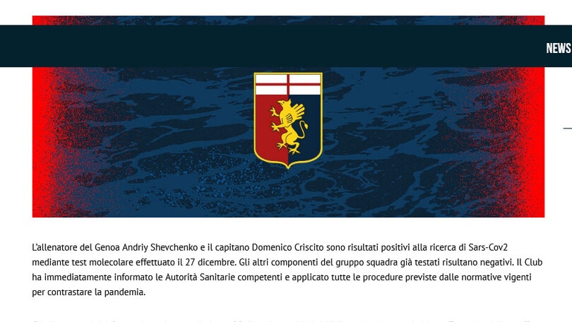 Genoa, positivi al Covid-19 Shevchenko e Criscito