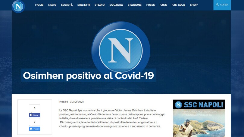 Napoli, Osimhen positivo al Covid