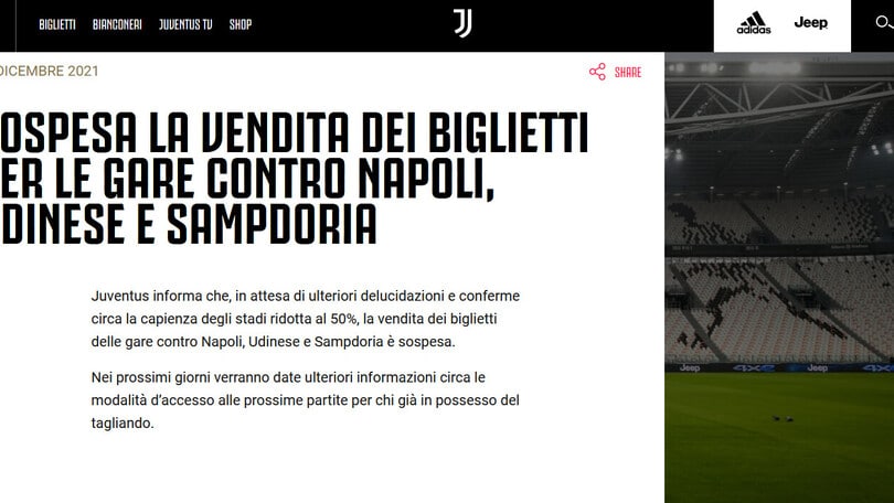 Juventus: sospesa vendita dei biglietti per le gare contro Napoli, Udinese e Sampdoria