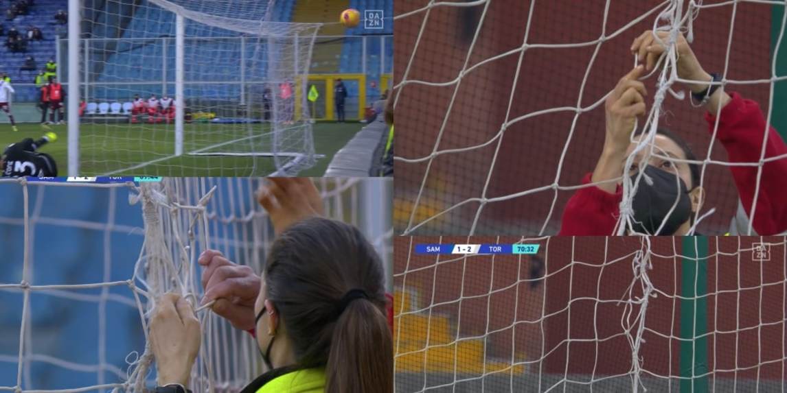 Sampdoria-Torino, il momento in cui viene riparato il buco nella rete