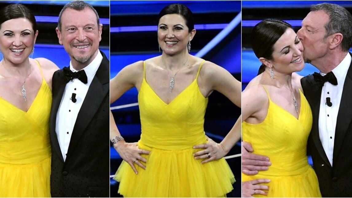 La moglie di Amadeus conquista Sanremo con il suo abito giallo
