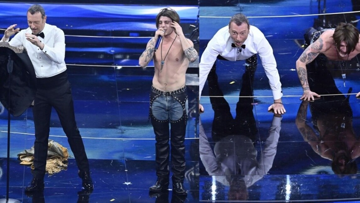 Fantasanremo, Rkomi coinvolge Amadeus: flessioni sul palco