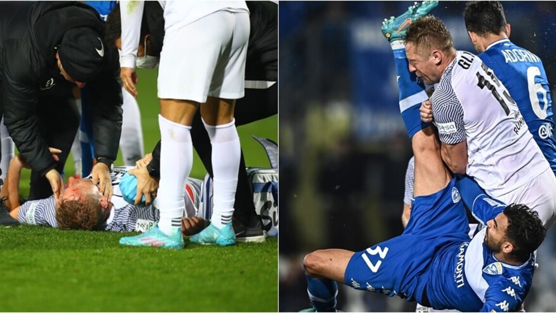 Brescia-Benevento, durissimo colpo per Glik che lascia il campo in barella