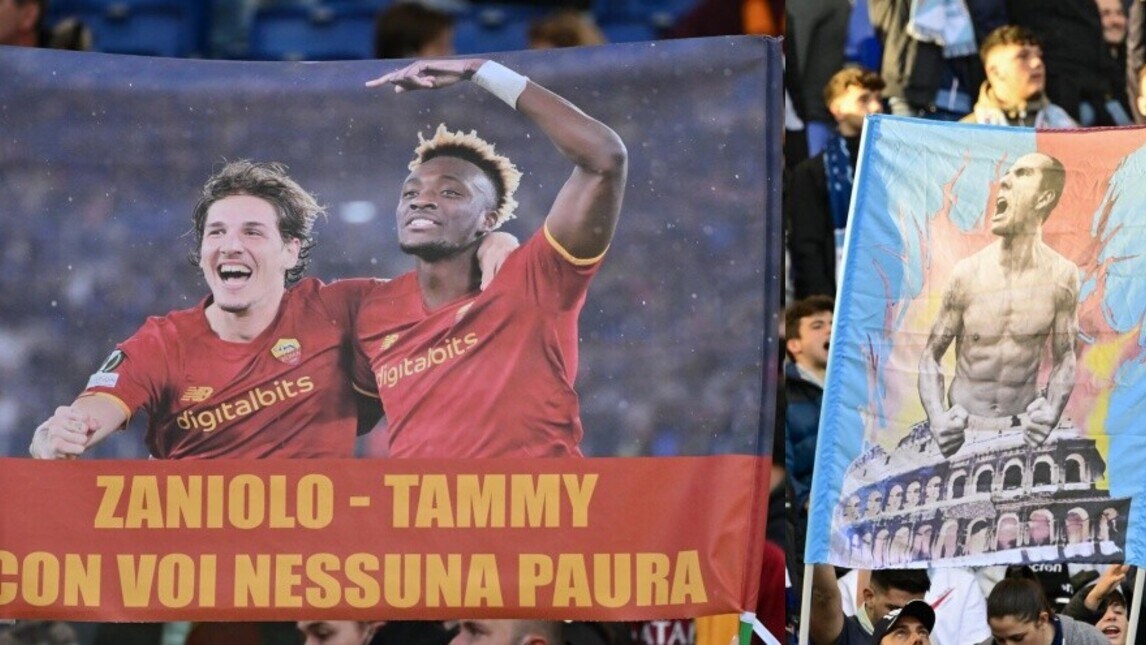 Roma-Lazio, che show sugli spalti: striscioni e bandiere all'Olimpico