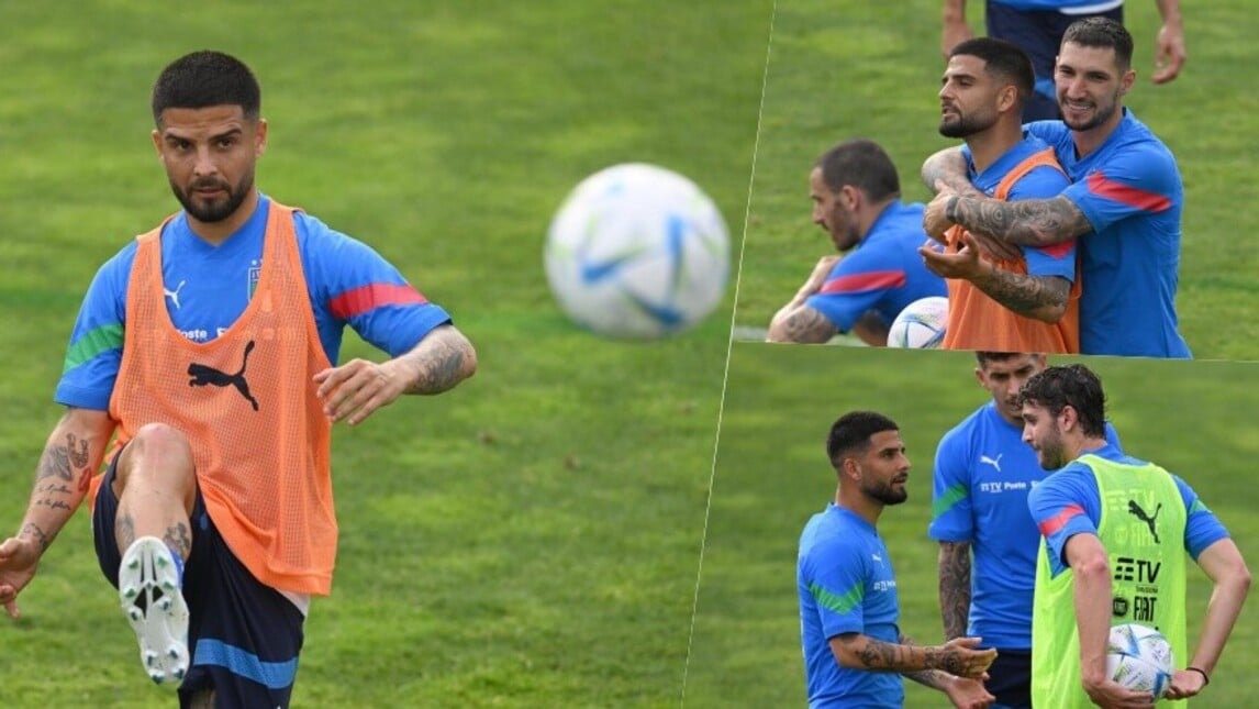 Italia in campo: Insigne prova il tiro a giro e scherza con Politano
