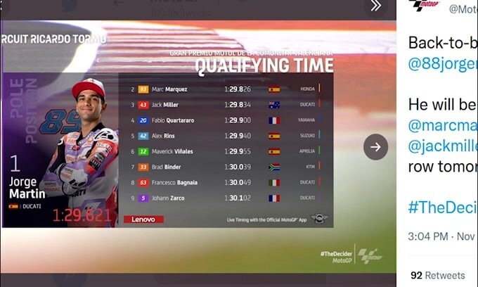 Moto Gp, Valencia: Martin in pole, 4° Quartararo e 8° Bagnaia