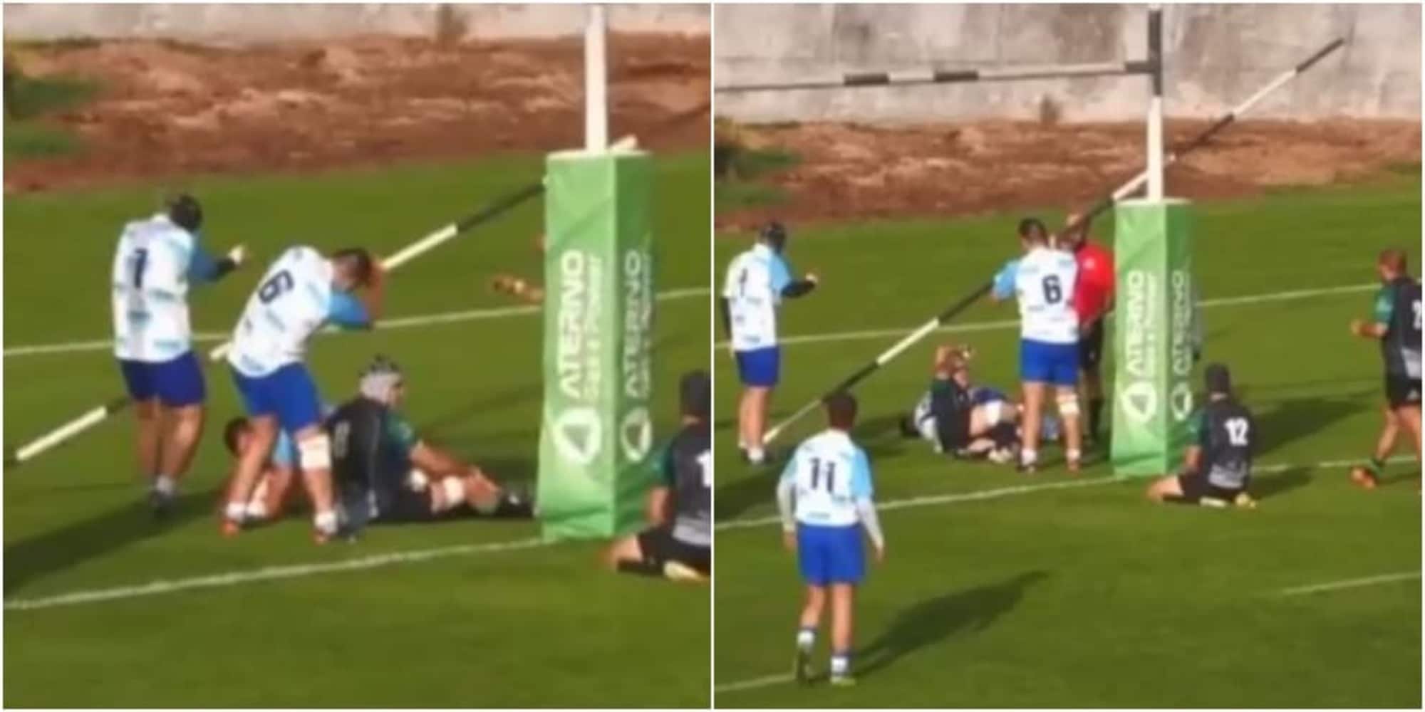 Rugby, dopo la meta il palo cade sui giocatori: tragedia sfiorata