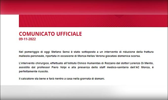 Monza, Sensi è stato operato