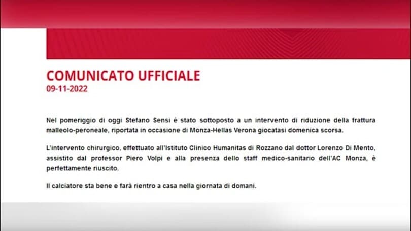 Monza, Sensi è stato operato