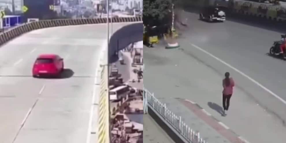 Clamoroso, l'auto vola giù dal ponte a tutta velocità: il video è da brividi!