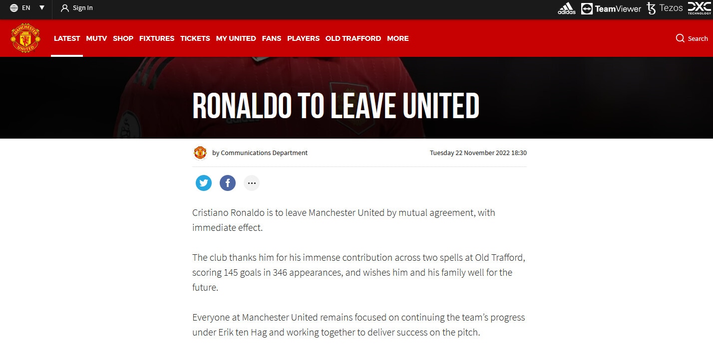 Ufficiale: Cristiano Ronaldo lascia da subito il Manchester United