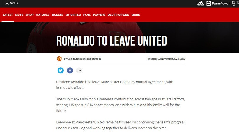 Ufficiale: Cristiano Ronaldo lascia da subito il Manchester United