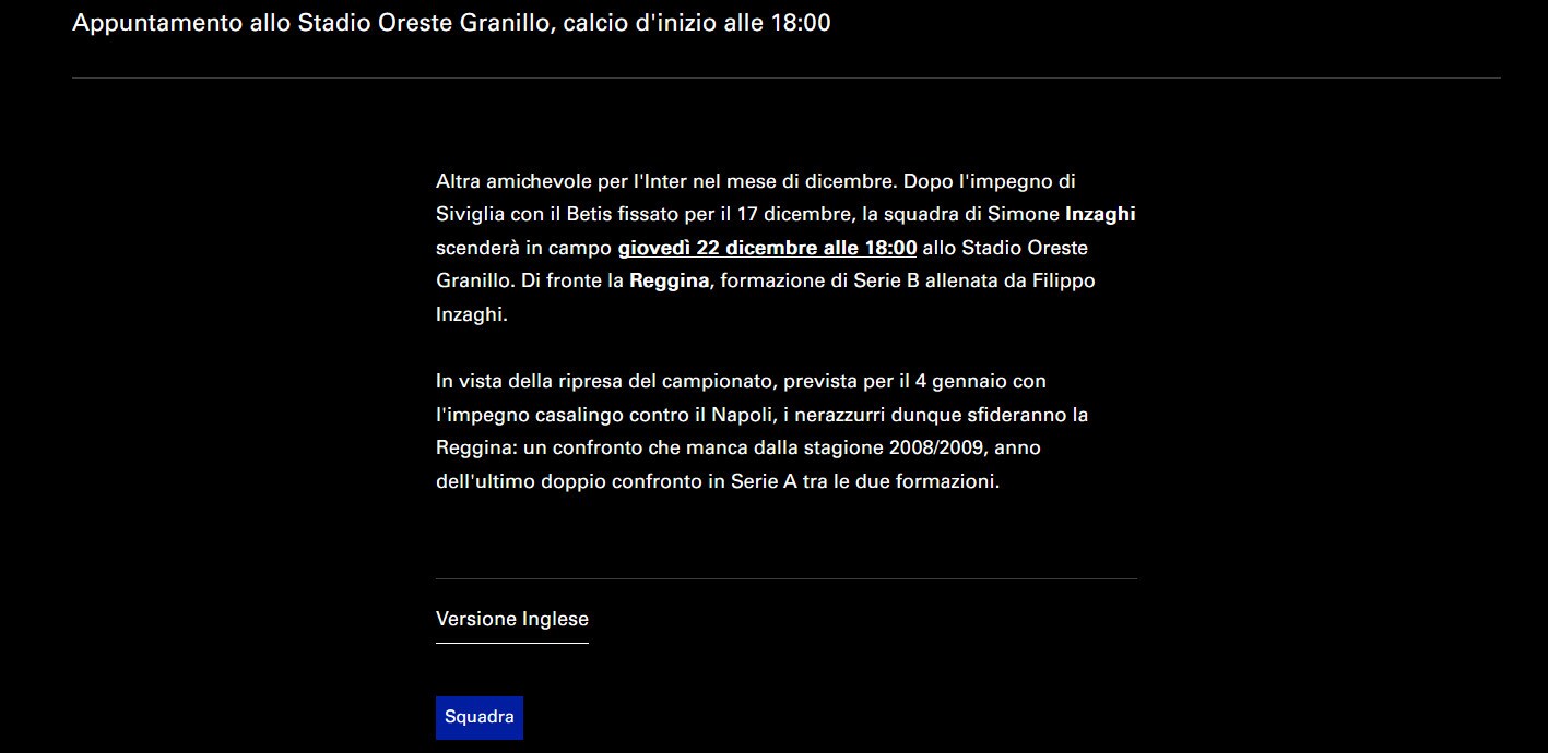 Ufficiale, amichevole Reggina-Inter il 22 dicembre