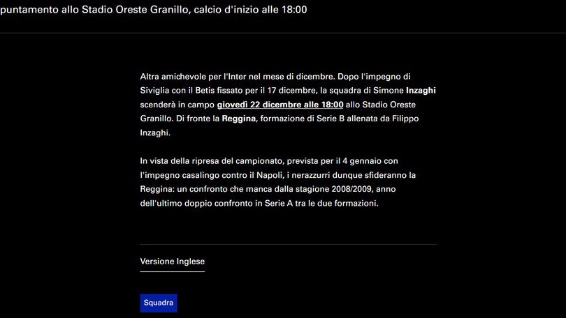 Ufficiale, amichevole Reggina-Inter il 22 dicembre
