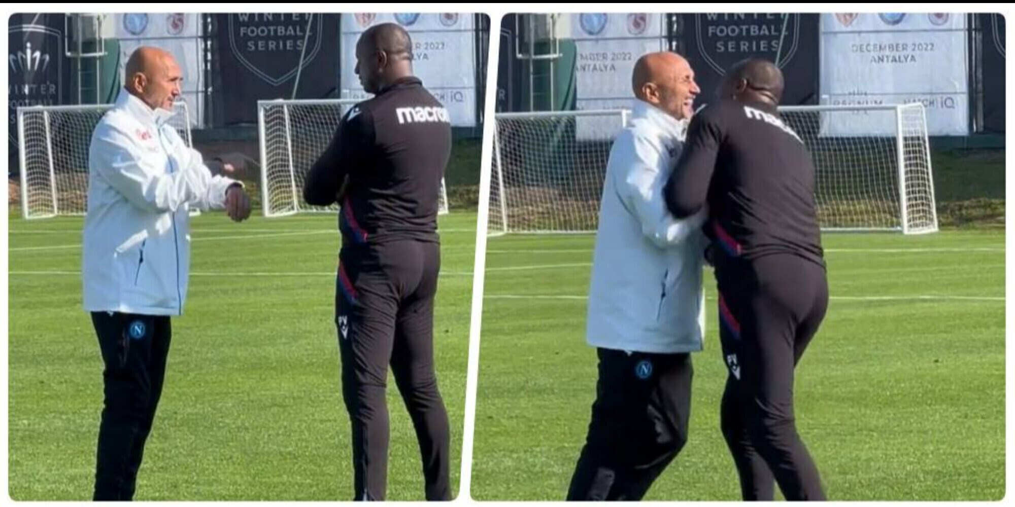 Napoli, Vieira nel ritiro degli azzurri: abbracci e risate con Spalletti