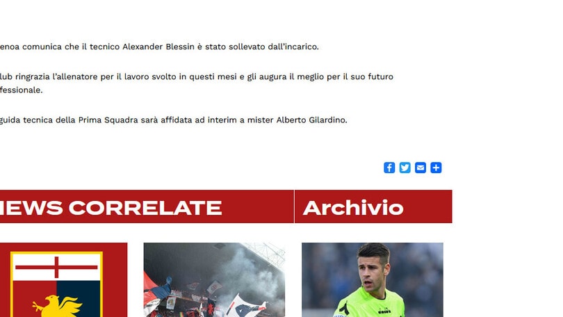 Ufficiale, Genoa: esonerato Blessin, Gilardino in panchina