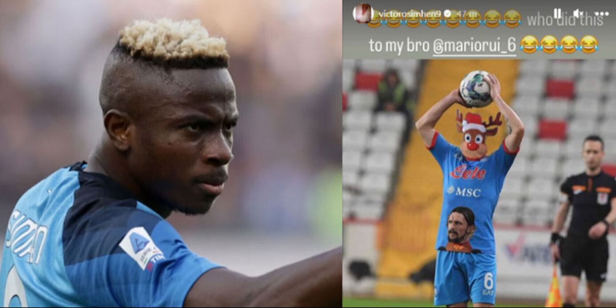 Napoli, Mario Rui prima "vittima" della maglietta natalizia: lo scherzo di Osimhen