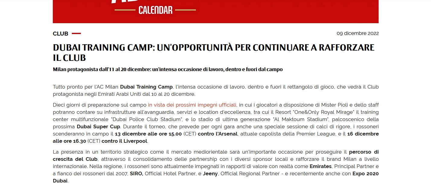 Milan, a Dubai test contro Arsenal e Liverpool