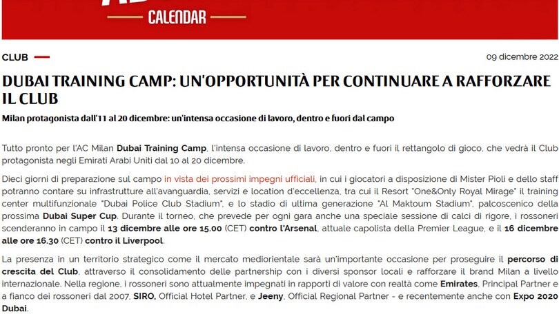 Milan, a Dubai test contro Arsenal e Liverpool