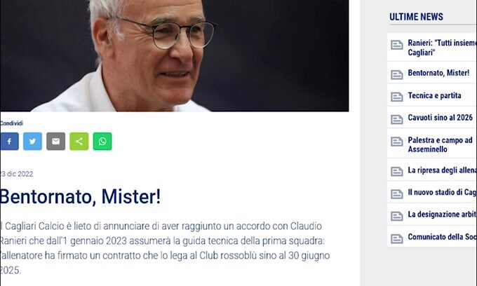 Ufficiale, Cagliari: Claudio Ranieri è il nuovo tecnico