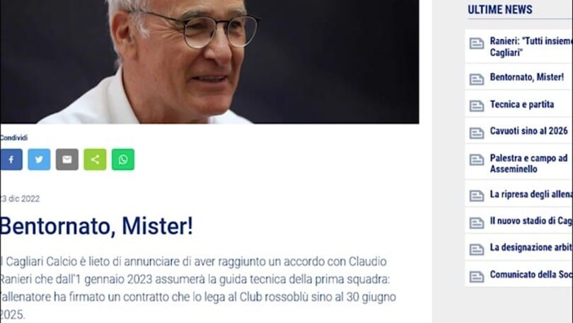 Ufficiale, Cagliari: Claudio Ranieri è il nuovo tecnico