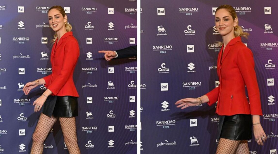 Sanremo 2023, gonna di pelle e calze a rete, il primo look sexy di Chiara Ferragni