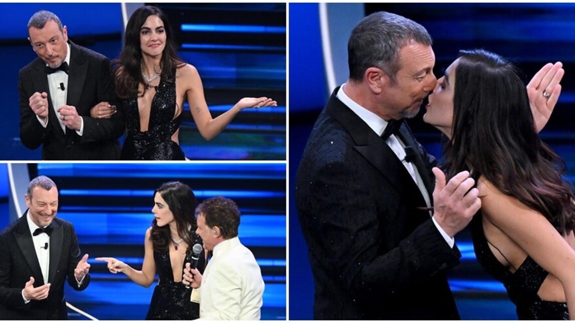 Sanremo 2023, Rocio Muñoz Morales sorprende Amadeus con un bacio