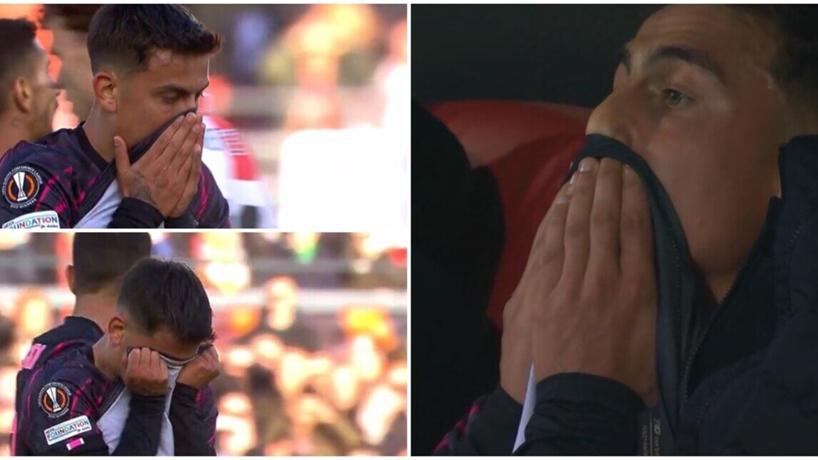Dybala infortunato e in lacrime in panchina durante Feyenoord-Roma