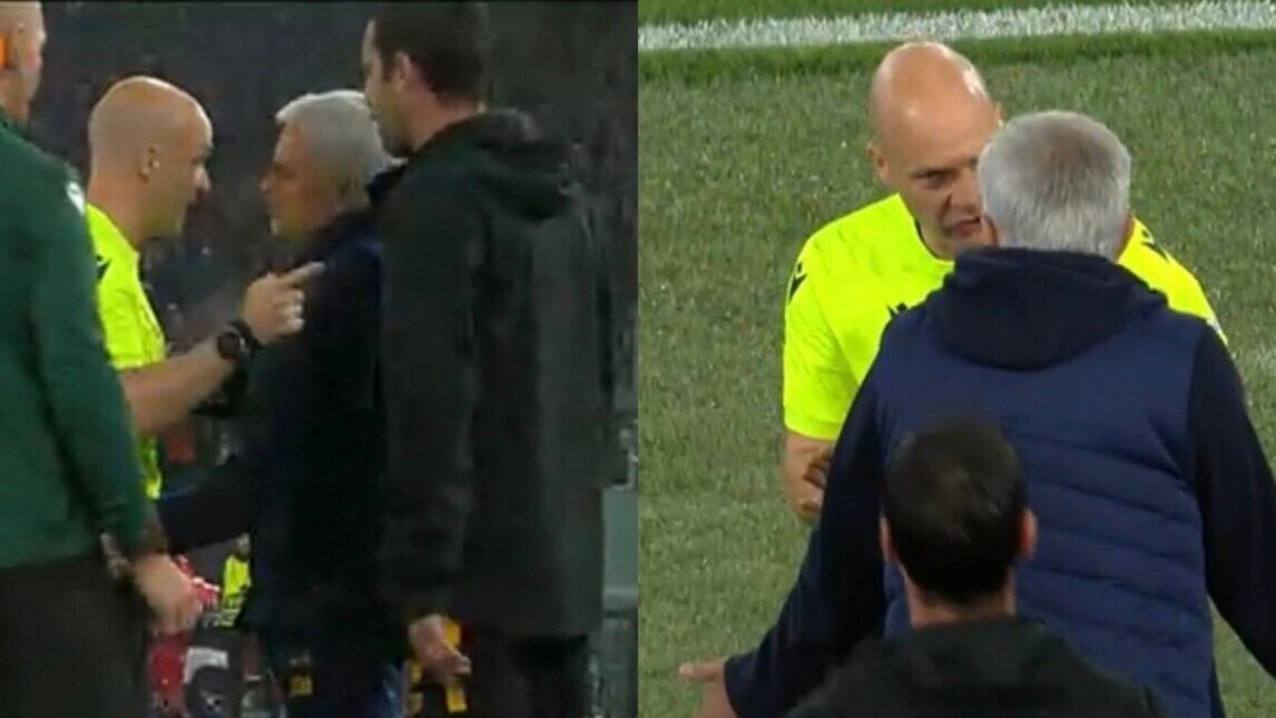 Mourinho, scintille con l'arbitro Taylor: faccia a faccia durante Roma-Feyenoord